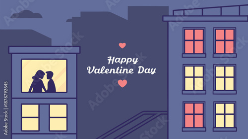 Romantic cityscape at night with Happy Valentine's Day message