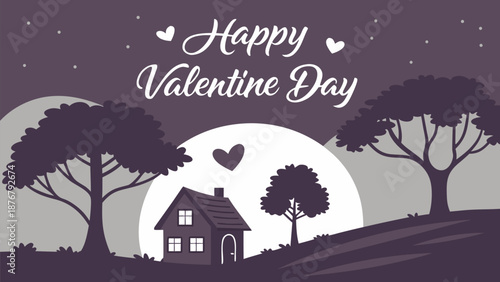 Cozy home on a hill with trees under a full moon on Valentine's Day