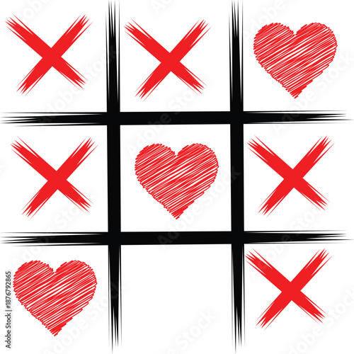 Tic tac toe game board featuring vibrant red hand drawn x marks and heart symbols in play