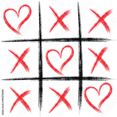 Hand drawn tic tac toe game board showing hearts and Xs in a simple, chalky style