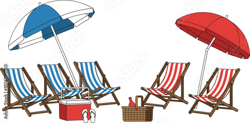 Beach lounge chairs with umbrellas, picnic basket, cooler, and sandals, summer seaside flat vector illustration set