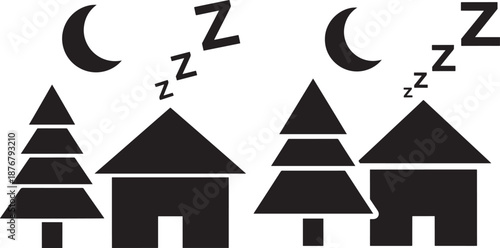 House and tree at night with moon silhouette sleep