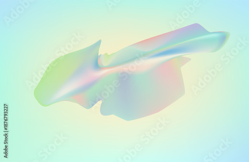 3d render abstract background in nature landscape. Transparent glossy glass ribbon on water. Holographic curved wave in motion.
Iridescent design element for banner background, wallpaper.