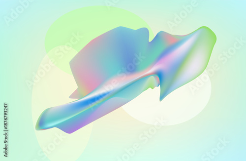 3d render abstract background in nature landscape. Transparent glossy glass ribbon on water. Holographic curved wave in motion.
Iridescent design element for banner background, wallpaper.