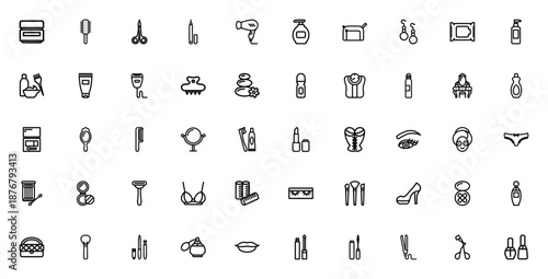 Pretty_8539 icon set. Cosmetic and beauty vector icons pack. Includes symbols for makeup, skincare, haircare, accessories and more. Editable thin line illustrations.