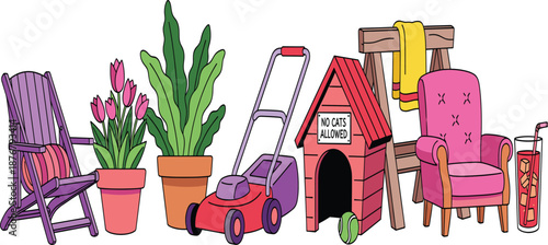 Cozy backyard and home objects illustration with chair, plants, lawn mower, dog house, and furniture flat vector set