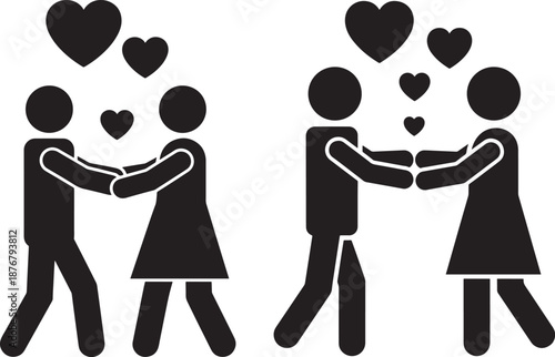 Couple silhouettes holding hands with love hearts