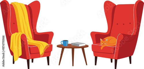 Cozy living room scene with red armchairs, coffee table, blanket, book, and sleeping cat, flat vector illustration