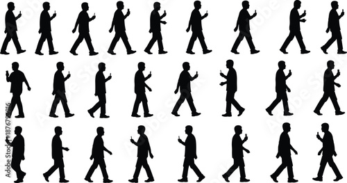 Businessman silhouette walking while using smartphone, modern technology addiction concept, repetitive walk cycle animation, isolated black figures on white background