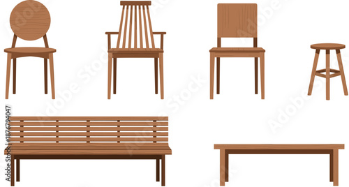 Wooden furniture set with chairs, bench, table, and stool, minimal flat vector illustration for interior design projects