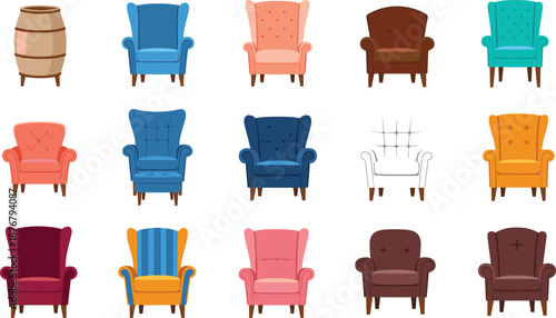 Colorful armchair and barrel furniture collection with various styles and upholstery designs, flat vector illustration set