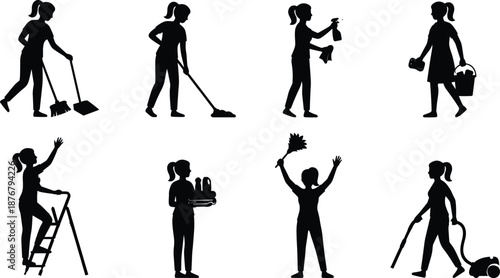 Cleaning tasks, household chores, silhouette, icons, black vector, flat illustration, mop, broom, vacuum, spray, bucket, ladder, dusting, wiping, supplies, 