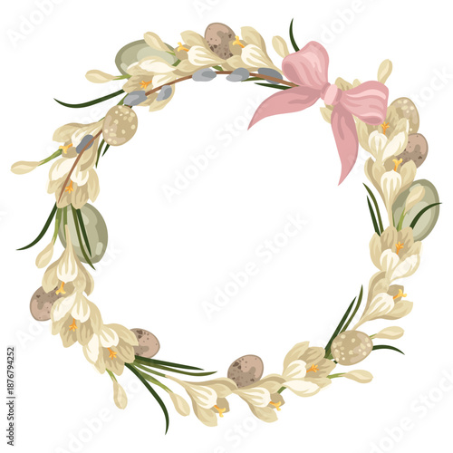 Hand-drawn Easter floral wreath made of crocus flowers and buns, willow and bow and Easter dyed eggs, spring botanical composition