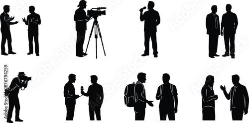 Communication silhouettes, media icons, conversation, interview, photography, filming, microphone, black vector, flat illustration, posture, equipment, journalism, broadcast, interaction, 