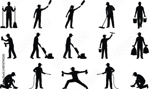 Cleaning, maintenance, janitor work, sanitation, hygiene, mop, broom, spray, bucket, duster, silhouettes, icons, people, tools, scrubbing, wiping, 