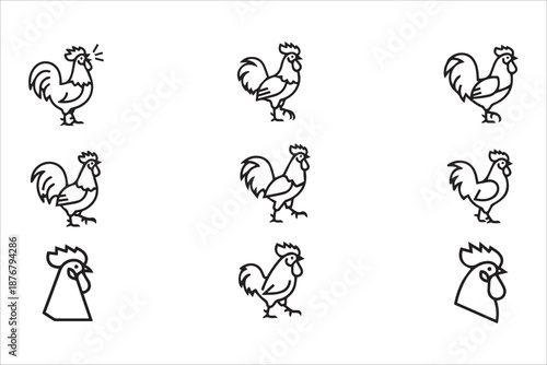 Vector Rooster outline minimal flat icons set