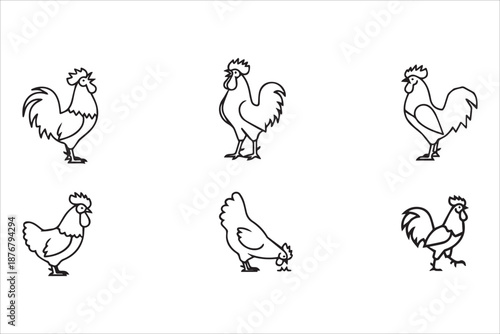Vector Rooster outline minimal flat icons set