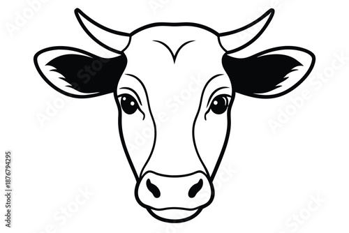 Whimsical Cow Head Character Illustration, Black and White Vector for Childrens Farming Books