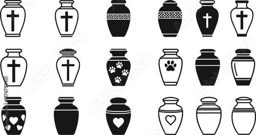 Cremation urn silhouette set with funeral memorial designs, ashes containers collection, religious and pet urns isolated on white