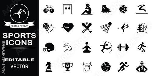 Sports icon set solid symbol colletion. Set of 24 icons related to basketball, yoga, trophy, competition, football, baseball and more. Vector illustration.