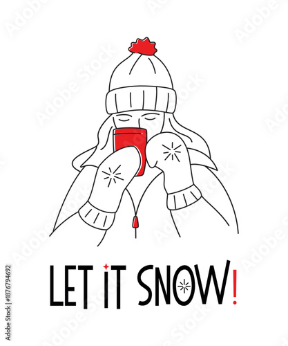 Winter outline woman with text Let it snow. Hand drawn vector illustration for greeting card, poster, banner.  Seasonal oudoor activity