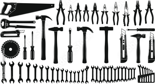 Hand tools, pliers, hammers, screwdrivers, wrenches, saw, utility knife, circular blade, silhouette, black vector, flat illustration, hardware, repair, carpentry, 
