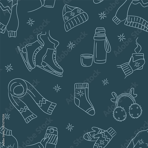 Seamless pattern with winter outline doodles on darl background. Hand drawn vector set of sketches: scarf, sweater, socks, mittens, skates, hat, thermos. Seasonal background for poster, banner