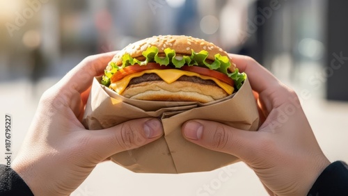 Delicious Burger Held in Hands with Fresh Ingredients and Lettuce