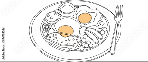 Minimalist one line drawing style illustration of a hearty full english breakfast featuring two sunny side up eggs toast sausage beans and tomato slice ready to be eaten with an adjacent fork.