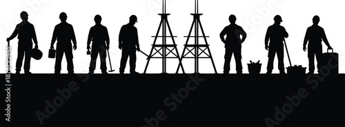 Construction worker silhouette icon set, industrial labor and tool poses, black vector illustration, editable design, isolated site symbols