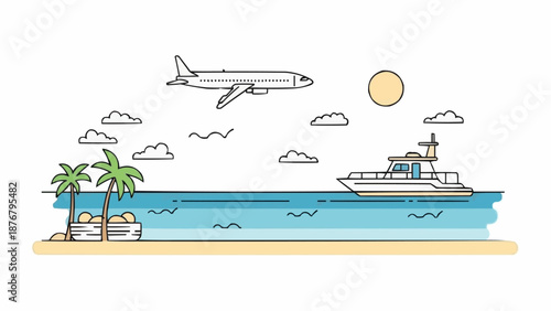 Airplane flying over ocean with yacht and tropical island beach.