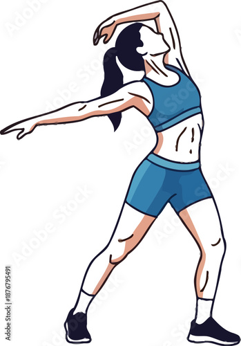 Athletic woman in blue sportswear performing a dynamic stretching or dance pose with arms extended and upper body arched backward illustrating fitness movement or warm up routine for physical activity