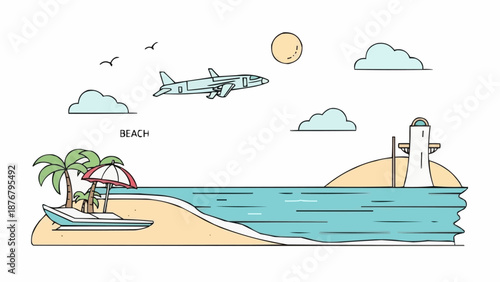 Airplane flying over tropical beach with lighthouse and palm trees.