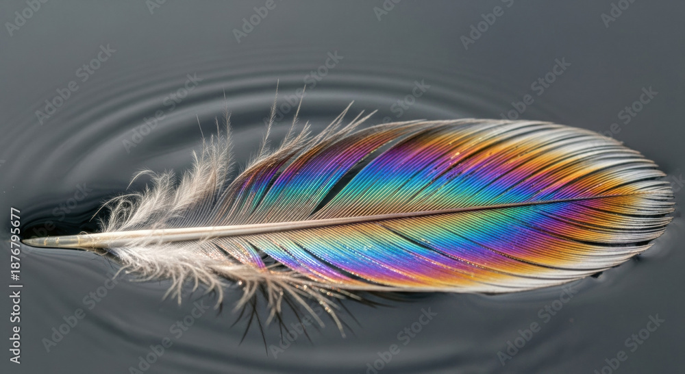 Obraz premium Fragile iridescent feather on water pollution highlights environment damage from our carbon footprint. oil slick contamination symbolizes an ecological disaster