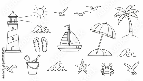 Beach and Ocean Themed Line Art Icons Set.