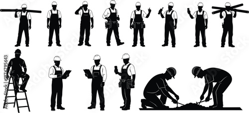 Construction worker silhouette set, black and white illustration, safety helmet poses, industrial task icons, job site activity graphic