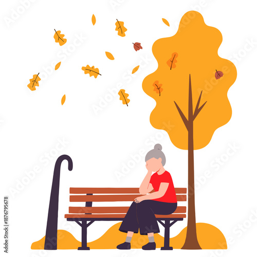 Elderly woman sitting on bench feeling sad under autumn leaves  