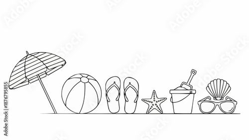 Beach Vacation Essentials Line Drawing Illustration.