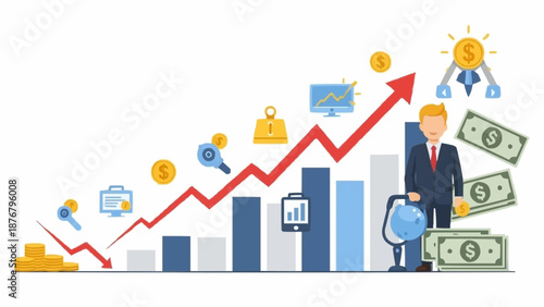 Business growth and financial success concept with upward trending graph and businessman.