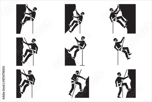 Vector Rock Climbing with man minimal flat black Icons set