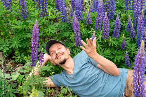 Smiling man relaxing among blooming purple lupine flowers, lying outdoors in meadow Spring nature scene with wild vibrant lupine blossoms. Carefree lifestyle, happiness, connection with nature