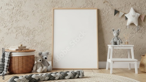 Warm, inviting, and subtly textured beige children's room interior features a large, empty wooden framed poster mockup leaning against a stucco wall, surrounded by cozy plush teddy bears, woven