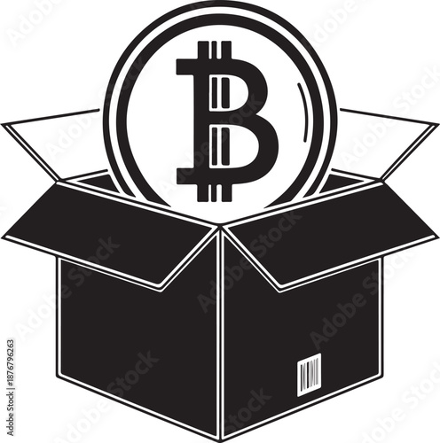 Bitcoin emerging from an open black cardboard box with barcode