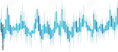 Abstract blue candlestick chart visualization representing a global trading strategy with fluctuating market data overlaid on a faint world map graphic background.