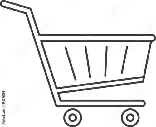 Simple black line art illustration of a shopping cart icon representing commerce retail purchase merchandise collection and online grocery delivery service procurement needs