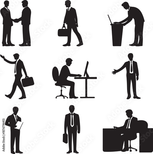 Business professionals in various office and workplace scenarios