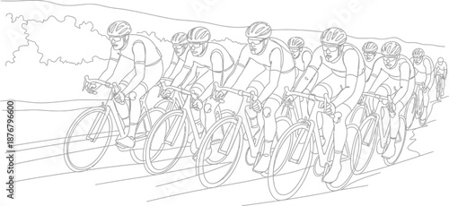Professional cyclists competing intensely in a tightly packed peloton during a challenging road race illustrating speed endurance and teamwork in competitive cycling sports art for coloring pages