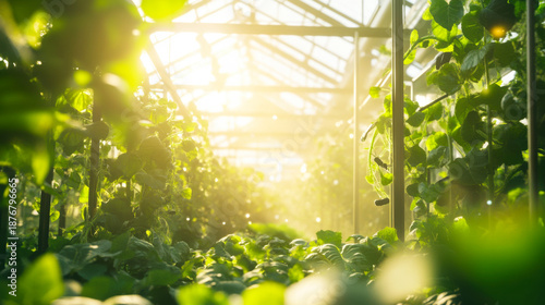Greenhouse filled with lush plants illuminated by sunlight during early morning hours