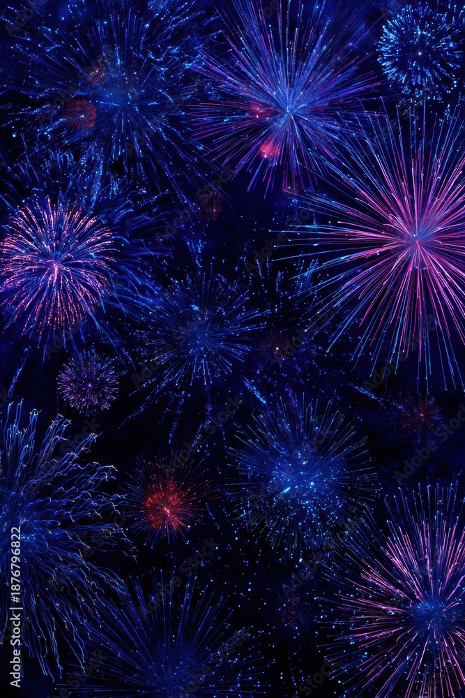 Fototapeta premium Chinese traditional lunar new year Spring Festival celebration in Asia. A vibrant display of blue and pink fireworks against a dark night sky.