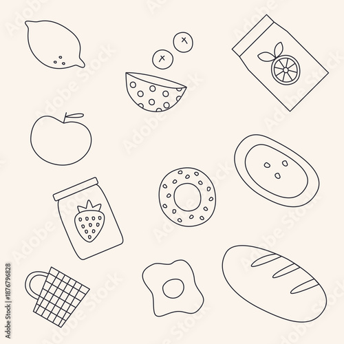 Vector illustration of various breakfast foods, fruit, juice, bagles, bread, eggs, coffee